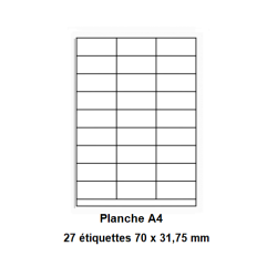 Etiquettes En Planches A4, Papier Blanc Adhésif Permanent, Coins Vifs, 70x31,75 mm -[192]-