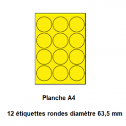Etiquettes En Planches A4, Papier Couleurs Fluo Adhésif Permanent, Jaune Fluo, 63,5 mm Rondes -[223]-