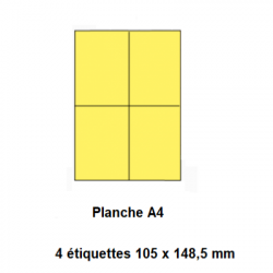 Etiquettes En Planches A4, Papier Couleur Adhésif Permanent, Jaune, 105x148,5 mm -[3390]-