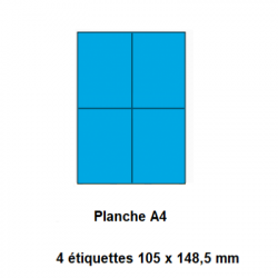 Etiquettes En Planches A4, Papier Couleur Adhésif Permanent, Bleu, 105x148,5 mm -[3393]-