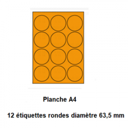 Etiquettes En Planches A4, Papier Couleurs Fluo Adhésif Permanent, Orange Fluo, 63,5 mm Rondes -[4032]-