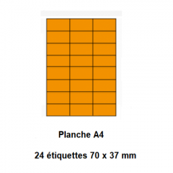 Etiquettes En Planches A4, Papier Couleurs Fluo Adhésif Permanent, Orange Fluo, 70x37 mm -[4033]-